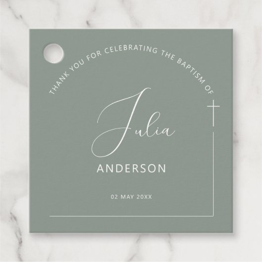 Minimalistische boogdoop salie bedankjes labels (Voorkant)