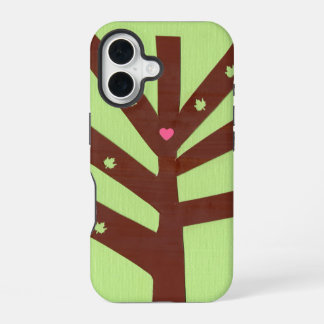 Minimalistische boom met roze hart en bladeren iPhone 16 hoesje