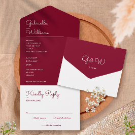 Minimalistische bordeauxrode script monogram huwel all in one uitnodiging