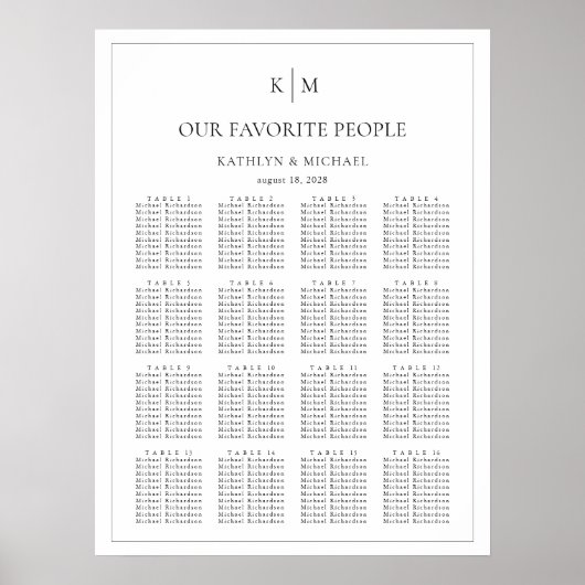 Minimalistische Border Bruiloft 16 Tafel Zitkaarte Poster (Voorkant)