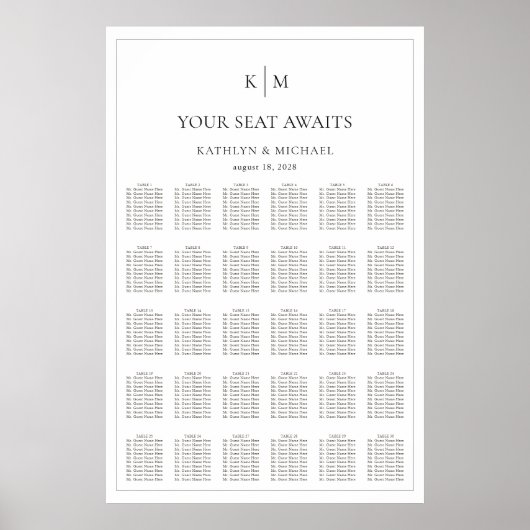 Minimalistische Border Bruiloft 30 Tafel Zitkaarte Poster (Voorkant)