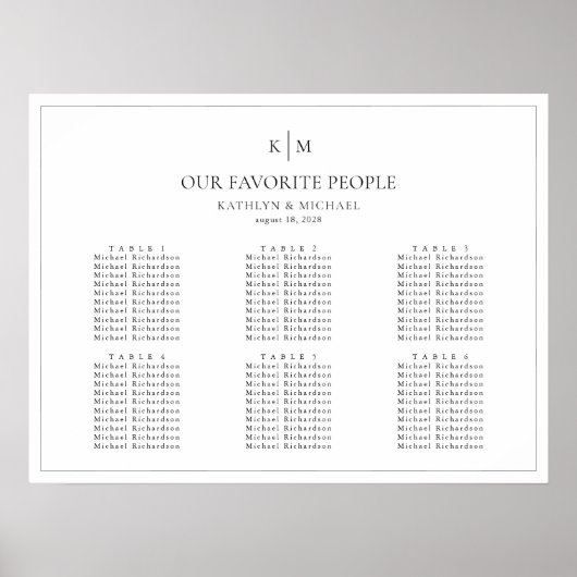 Minimalistische Border Bruiloft 6 Tafel Zitkaarten Poster (Voorkant)