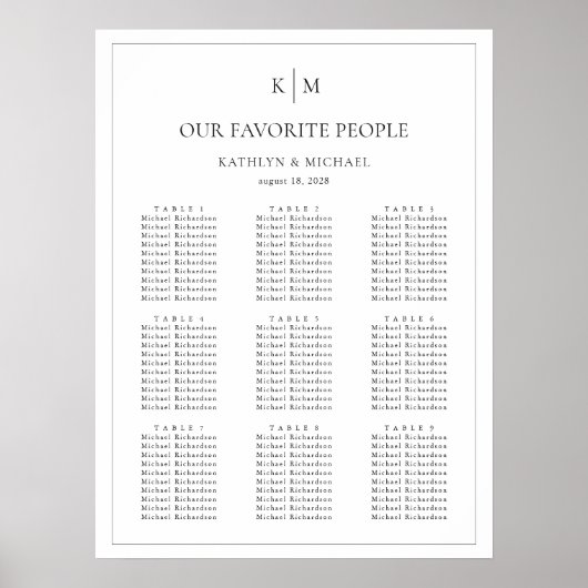 Minimalistische Border Bruiloft 9 Tafel Zitkaarten Poster (Voorkant)