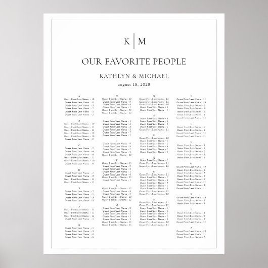 Minimalistische Border Bruiloft Alfabetische zitpl Poster (Voorkant)