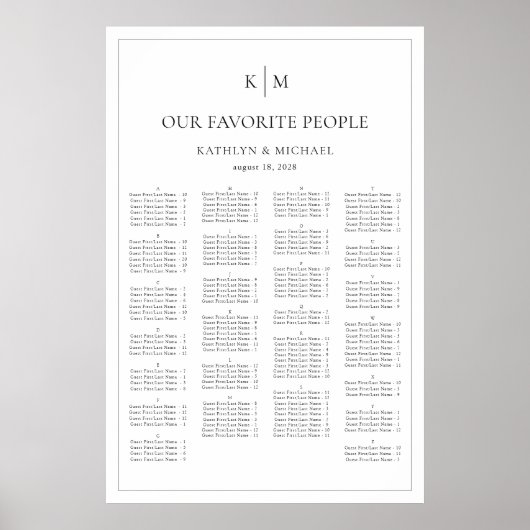 Minimalistische Border Bruiloft Alfabetische zitpl Poster (Voorkant)