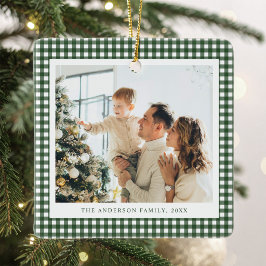 Minimalistische bosgroene geruite foto keramisch ornament