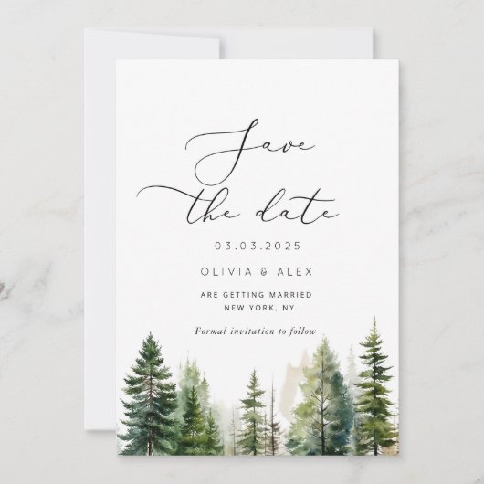 Minimalistische bosrijke rustieke dennenboom Save Save The Date (Voorkant)