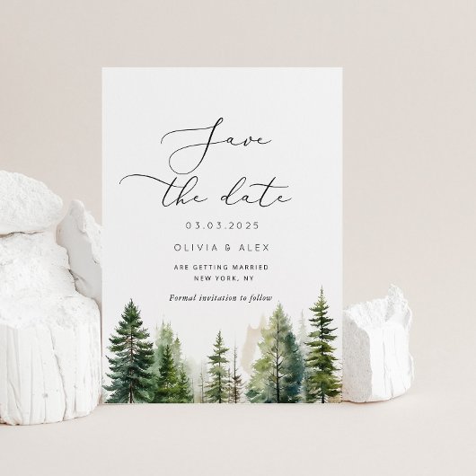 Minimalistische bosrijke rustieke dennenboom Save Save The Date