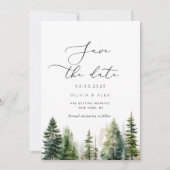 Minimalistische bosrijke rustieke dennenboom Save The Date (Voorkant)