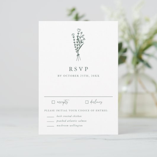 Minimalistische Botanicals Sage Groene Bruiloft RSVP Kaartje (Staand voorkant)