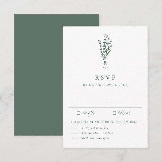 Minimalistische Botanicals Sage Groene Bruiloft RSVP Kaartje (Voorkant / Achterkant)