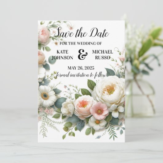 Minimalistische Botanische Blush Roze & Wit Huweli Save The Date (Staand voorkant)