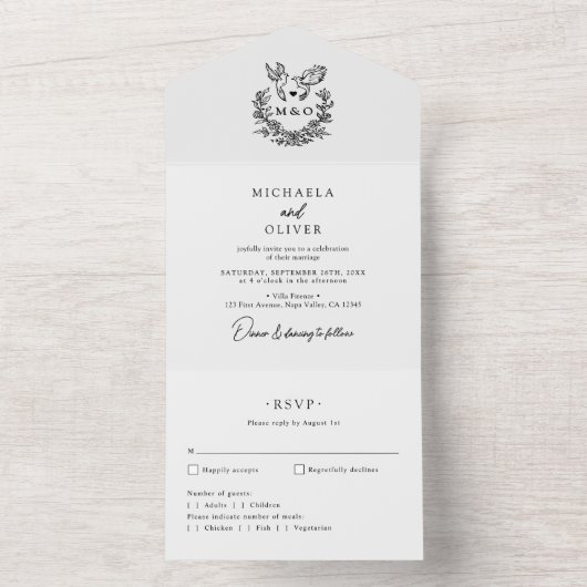 Minimalistische Botanische Duiven Elegant Script W All In One Uitnodiging (Binnen)