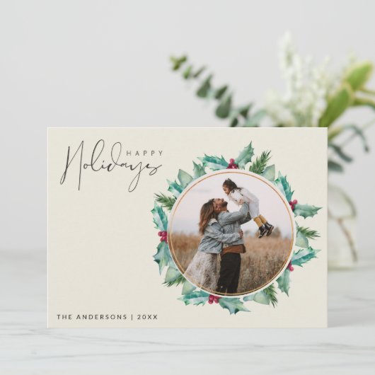 Minimalistische botanische foto familie kerst feestdagenkaart (Staand voorkant)