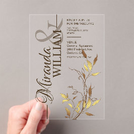Minimalistische Botanische Gouden Trouwdag Acryl Uitnodigingen