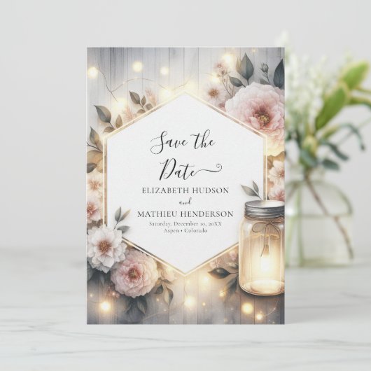 Minimalistische Botanische Mason Jar bruiloft Save The Date (Staand voorkant)