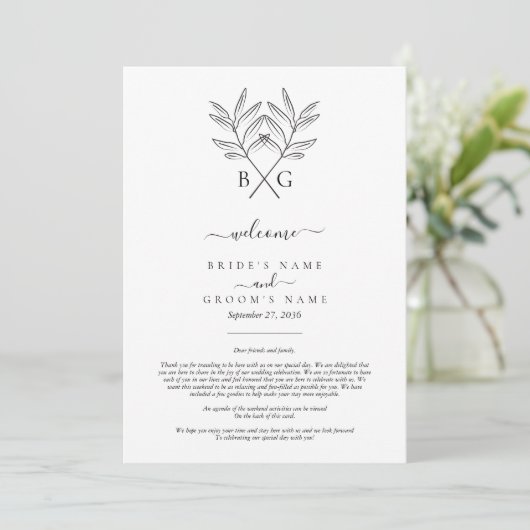 Minimalistische Botanische Monogram Bruiloft Route Programmakaart (Staand voorkant)