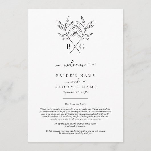 Minimalistische Botanische Monogram Bruiloft Route Programmakaart (Voorkant)