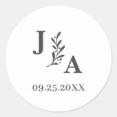 Minimalistische Botanische Monogram Trouwetiketten Ronde Sticker (Voorkant)