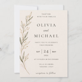 Minimalistische botanische olijftak bruiloft kaart