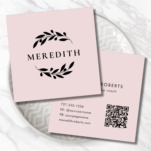 Minimalistische Botanische QR Code Blush Roze Vierkante Visitekaartje