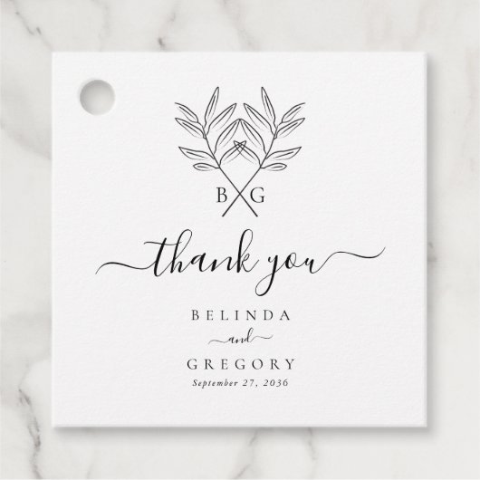 Minimalistische Botanische Rustieke Monogram Bruil Bedankjes Labels (Voorkant)