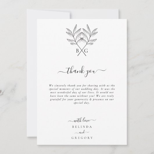 Minimalistische Botanische Rustieke Monogram Bruil Bedankkaart (Voorkant)