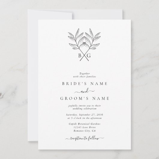 Minimalistische Botanische Rustieke Monogram Bruil Kaart (Voorkant)