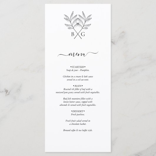 Minimalistische Botanische Rustieke Monogram Bruil Menu (Voorkant)