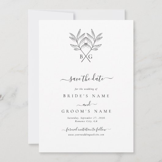 Minimalistische Botanische Rustieke Monogram Bruil Save The Date (Voorkant)