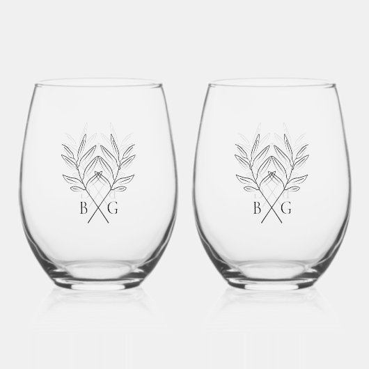 Minimalistische Botanische Rustieke Monogram Bruil Wijnglas Zonder Voet (Voorkant)