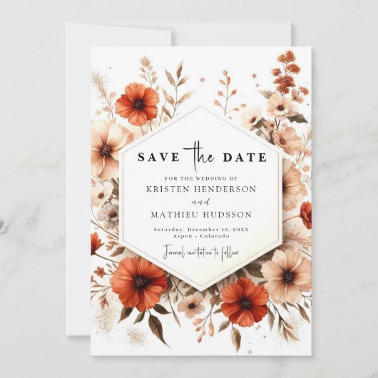 Minimalistische botanische terracotta bruiloft save the date (Voorkant)