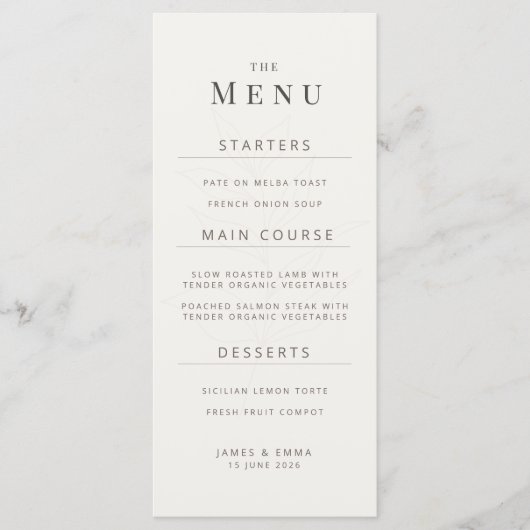 Minimalistische Botanische Trouwmenu | Warm Wit Menu (Voorkant)