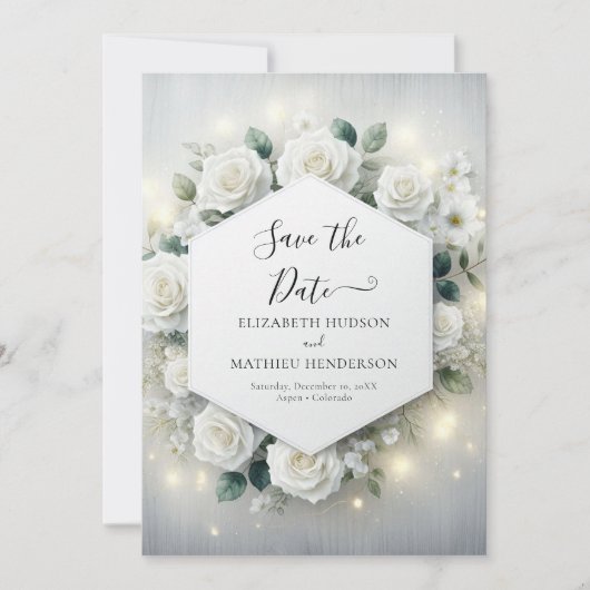 Minimalistische botanische witte rozen bruiloft save the date (Voorkant)