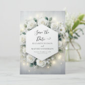 Minimalistische botanische witte rozen bruiloft save the date (Staand voorkant)