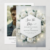 Minimalistische botanische witte rozen bruiloft save the date (Voorkant / Achterkant)