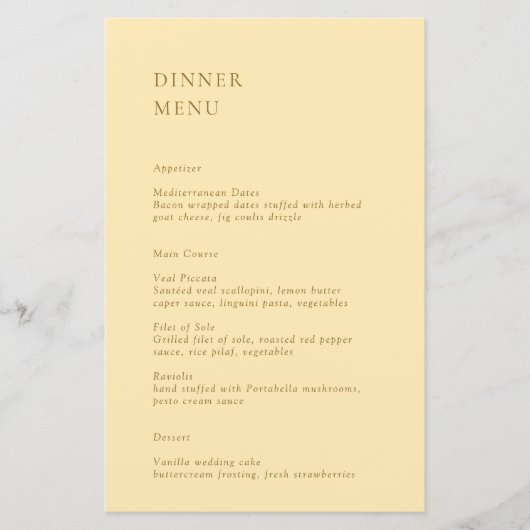 Minimalistische Boter Geel Modern Trouwmenu (Voorkant)