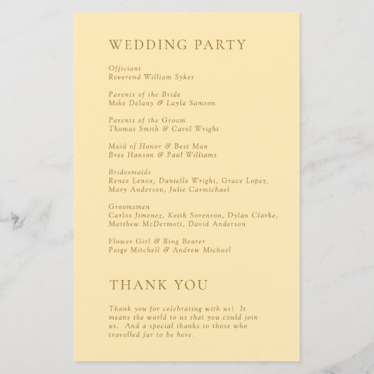Minimalistische Boter Geel Modern Wedding Programm (Achterkant)