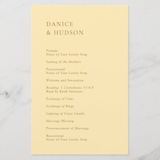 Minimalistische Boter Geel Modern Wedding Programm (Voorkant)