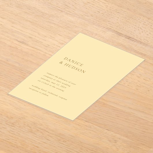 Minimalistische Boter Geel Moderne bruiloft Acryl Uitnodigingen (Laagn)