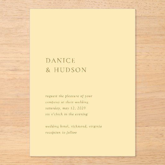 Minimalistische Boter Geel Moderne bruiloft Acryl Uitnodigingen (Voorkant)