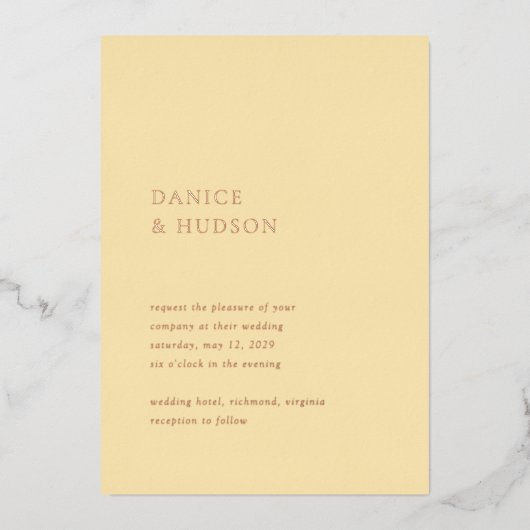 Minimalistische Boter Geel Moderne bruiloft Folie Uitnodiging (Voorkant)