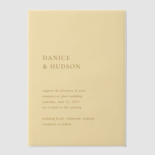 Minimalistische Boter Geel Moderne bruiloft Vellum Uitnodigingen (Voorkant)