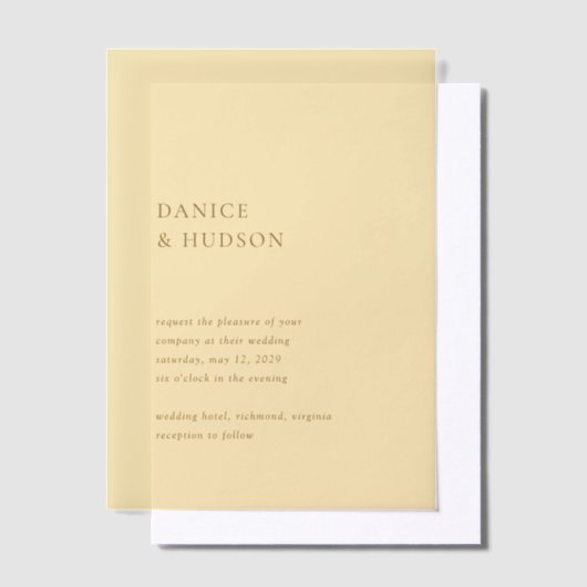 Minimalistische Boter Geel Moderne bruiloft Vellum Uitnodigingen (Offset)