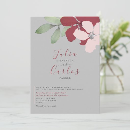 Minimalistische Bourgogne Bloemenbruiloft Uitnodig Kaart (Staand voorkant)