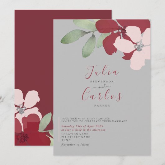 Minimalistische Bourgogne Bloemenbruiloft Uitnodig Kaart (Voorkant / Achterkant)