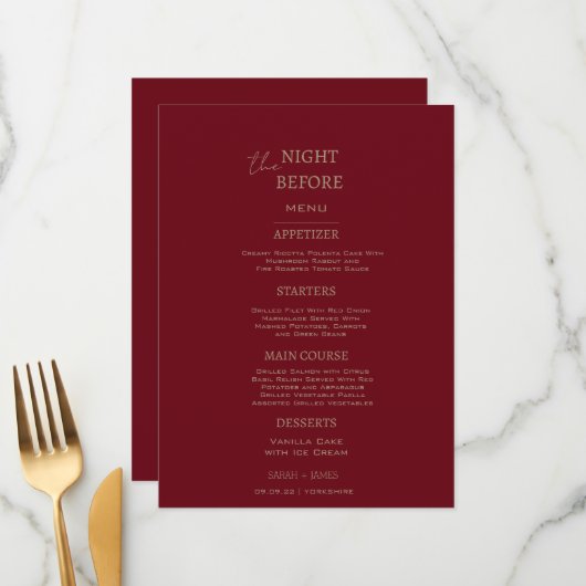 Minimalistische Bourgogne de nacht voor de bruilof Menu (Voorkant / Achterkant in situ)