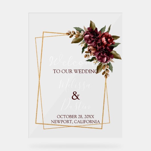 Minimalistische Bourgogne Floral Fall Wedding Welk Acryl Bord (Voorkant)