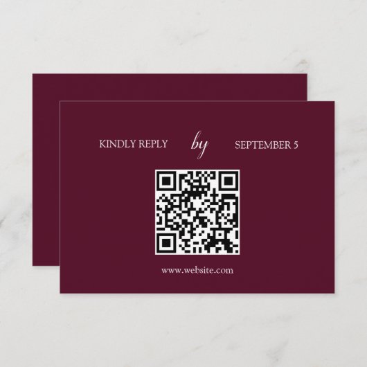 Minimalistische Bourgogne QR Code Wedding RSVP Kaa (Voorkant / Achterkant)