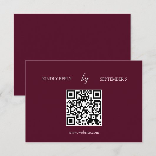 Minimalistische Bourgogne QR Code Wedding RSVP Kaa Kaartje (Voorkant / Achterkant)